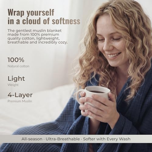 4-Layer Muslin Cotton Bed Blanket Twin Size (66 x 90 inches) – Soft, Breathable, Lightweight All-Season Gauze Blanket, Machine Washable – Navy - color: Navy, size: Twin (66 x 90 inches)