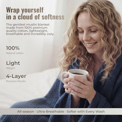 4-Layer Muslin Cotton Bed Blanket Twin Size (66 x 90 inches) – Soft, Breathable, Lightweight All-Season Gauze Blanket, Machine Washable – Navy - color: Navy, size: Twin (66 x 90 inches)