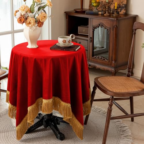 F-CHU Red Tablecloth Thickset Velvet Tablecloth with Beautiful Gold Tassels Vintage Table Cloth for Home Decor Wedding, Party, Banquet and Events 60x60-Inch - color: Red, size: 60" x 60" (Square)
