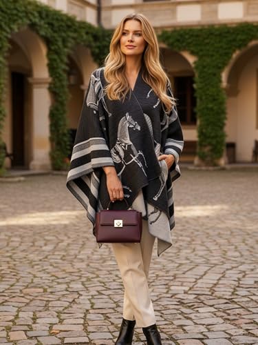 Women's Elegant Shawl Wraps, Soft Open Front Poncho Cape, Reversible Casual Cardigan Shawls for Gift Travel - color: Black-grey-white