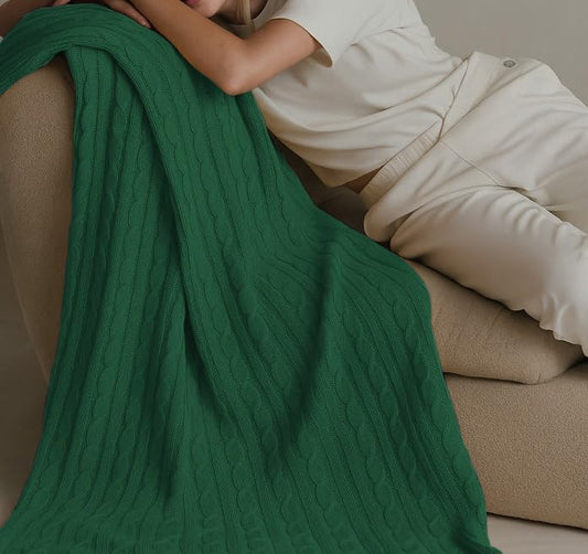 100% Pure Cotton Cable Knit Throw Blanket, Ultra Soft Breathable All Seasons Comfy Knitted Lightweighted Washable Blanket for Couch Bed, Farmhouse Home Decor, Gift Package, 60" x 70" Green - color: Green