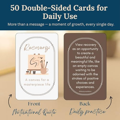 MilestoneMint Daily Affirmation Cards, 50 Positive Affirmation Cards Double Sided, Sobriety and Recovery Daily Mindset Prompts, Includes Sobriety Coin & Wooden Card Stand, Perfect Recovery Gift - size: 50 Cards Wooden Stand + Tree Coin