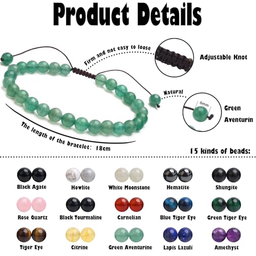 BONNY BOXX Braided Genuine Bracelet, Elegant Handcrafted Natural Gemstone Crystal Bracelet Healing Power Energy Inspirational Gifts with Card for Unisex - color: Green Aventurine, size: 6MM