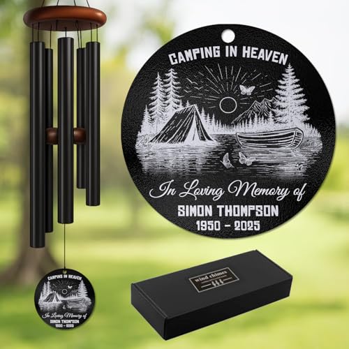 Personalized Camping in Heaven Memorial Wind Chime – Custom Engraved Name & Years – Remembrance Gift for Nature Lovers, Campers – Sympathy Windchime for Loss of Loved One, Garden Memorial Décor - size: CampingWC 1