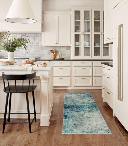 Lahome Modern Abstract Runner Rug with Rubber Backing - 2x6 Washable Rug Runners for Hallways Non Slip, 6 Ft Long Accent Carpet for Bathroom Kitchen Bedroom Entryway,Blue/Grey - color: Blue/Grey, size: 2' x 6'
