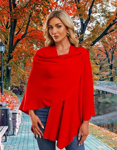 PULI Womens Large Cross Front Poncho Sweater Wrap Topper Knitted Elegant Shawls Cape for Fall Winter - color: 1-red