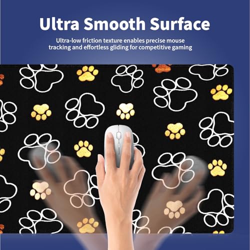 Extra Large Gaming & Office Mouse Pad (31.5" x 11.8") – Abstract Cute Dog Paw Prints Gold and White Design, Premium Anti-Slip XXL Desk Mat with Durable Stitched Edges - color: Design WKLXD043