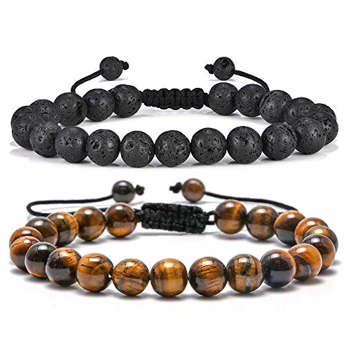 M MOOHAM Fathers Day Gift Mens Bracelet - Beaded Natural Stone 8mm Tiger Eye Matte Agate Lava Rock Bracelets for Men Teen Boys Grandpa Dad Birthday Gifts Jewelry - style: Lava Rock & Yellow Tiger Eye Bracelets