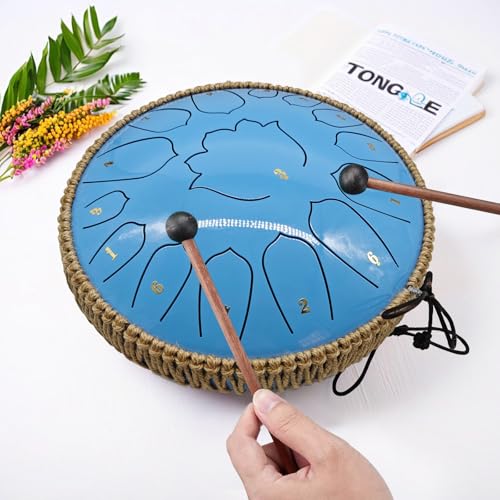 BETESINE 13-Inch 15-Note Steel Tongue Drum in C Major, Beginner-Friendly Meditation Drum with Mallets, Music Book, Finger Picks, Carry Bag & Note Stickers, Ocean Blue - color: Ocean Blue