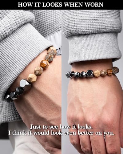 Beaded Bracelet for Men, 10mm Natural Stones Bracelet for Men's Gift, Adjustable Precision-Cut Gemstone Crystal Healing Bracelet, Protection Jewelry Gift with Hematite, Tiger Eye - style: Picture Stone & Hematite