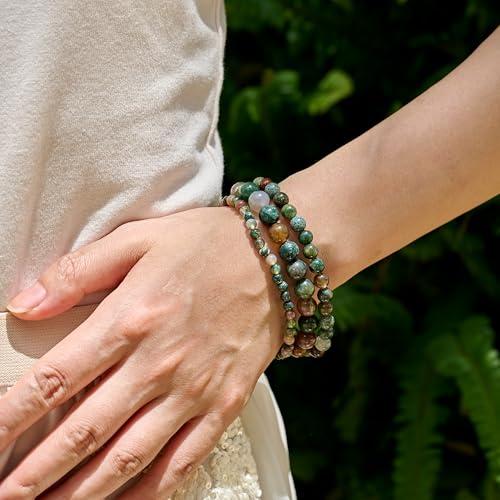 Bivei 8mm Beaded Bracelets for Women Handmade Semi Precious Natural Stone Stretch Elastic Jewelry Yoga Protection Gifts - color: Indian Agate-Ancient Calm, size: Medium 6.8-7.3 inch