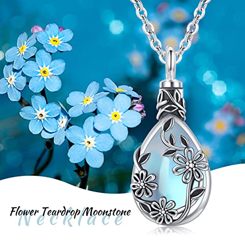 JUSTKIDSTOY Moonstone Urn Necklace for Ashes Sterling Silver Daisy/Rose/Tree Teardrop Pendant Necklace Cremation Jewelry Keepsake Memorial Gifts for Mother Grandma w/Funnel Filler - style: Daisy