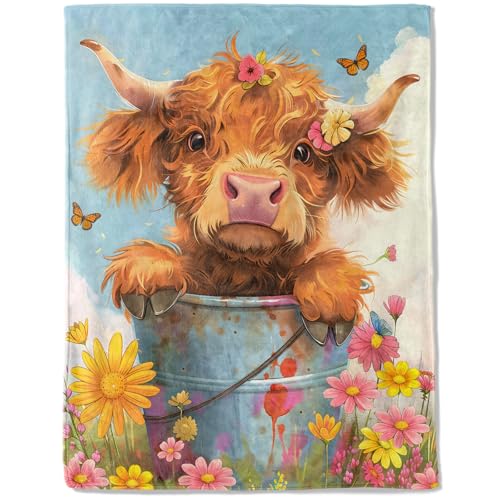 Adorable Highland Cow Flower Fleece Blanket,Floral and Butterfly Blankets,Soft and Warm Decorative Throws for Sofa,Car,Office,Lightweight Throw Gifts for Women Nature and Animal Lovers 50”x60” - color: Highland Cow 01, size: 50x60 inch