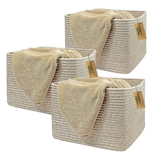 COMFY-HOMI 3Pack Small Woven Cotton Rope Basket for Organizing, Gift Baskets for Handles, Empty Gift Baskets, Medium Rope Basket|13.5" x 11" x 9.5" home decor for Living Room, Bathroom - color: Camel/White, size: 13.5" x 11" x 9.5"