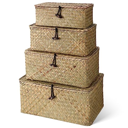 Woanger Set of 4 Wicker Baskets with Lids, Nautral Seagrass Storage Baskets, Woven Rectangular Basket Bins, Rattan Storage Organizer for Shelf Closet Bedroom(Natural Color) - color: Natural Color