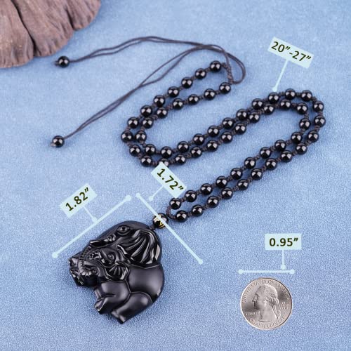 Black Obsidian Necklace Protection Pendant with Extended Bead Chain Healing Crystal Stone Amulet Necklace for Men Women - color: ElephantB