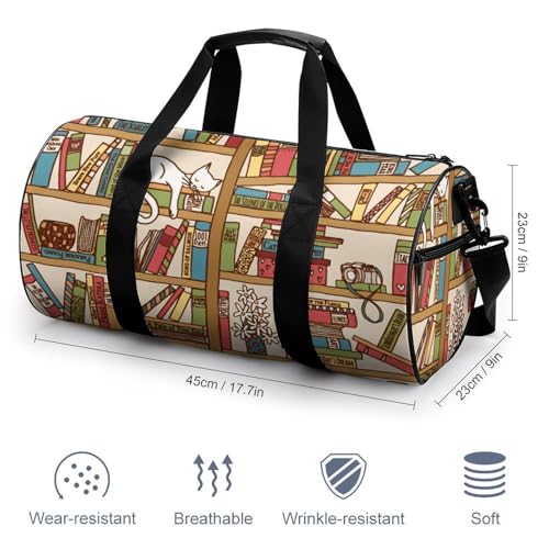 Sleeping Cat Library Bookshelf Cylindrical Portable Fitness Bag, Large Capacity Handbag - color: sleeping cat library bookshelf