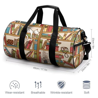 Sleeping Cat Library Bookshelf Cylindrical Portable Fitness Bag, Large Capacity Handbag - color: sleeping cat library bookshelf