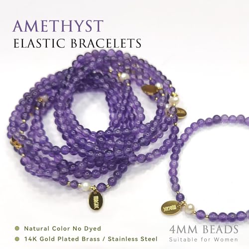 Morchic 4mm Natural Gemstone Beads Stretch Bracelet for Women, With Freshwater Pearls, Energy Gem Birthday Gift for Her 7.2” - color: Amethyst
