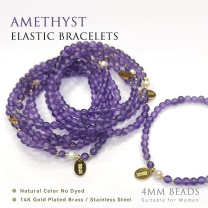 Morchic 4mm Natural Gemstone Beads Stretch Bracelet for Women, With Freshwater Pearls, Energy Gem Birthday Gift for Her 7.2” - color: Amethyst