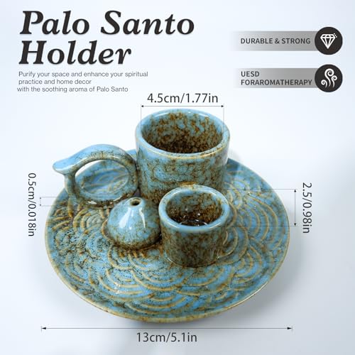 MOUGIGI 5-in-1 Ceramic Palo Santo Burner Holder Blue -Small Candle Holder & Smudge Burning Tray Bowl,Fits Incense Sticks/Cones, Sage.Zen Altar for Meditation Room, Aromatic Scents, Matches Compatible - color: Multifunctional Palo Plate-blue