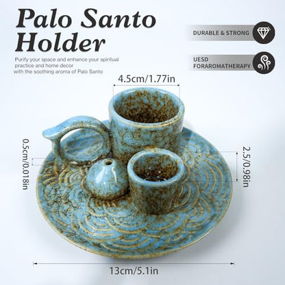 MOUGIGI 5-in-1 Ceramic Palo Santo Burner Holder Blue -Small Candle Holder & Smudge Burning Tray Bowl,Fits Incense Sticks/Cones, Sage.Zen Altar for Meditation Room, Aromatic Scents, Matches Compatible - color: Multifunctional Palo Plate-blue