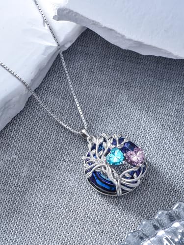 TOUPOP s925 Sterling Silver Family Celtic Tree of Life Pendant Necklaces with 2 Heart Birthstone with Blue Austrian Crystal Jewelry Birthday Valentines Day Gifts for Her, Anniversary Christmas Gifts for Wife Girlfriend Mom (18K Real White Gold Filled) - c