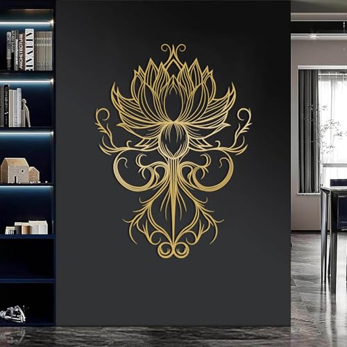 EUSTUGO Lotus Flower Mandala Metal Wall Art, Mandala Metal Wall Decor, Lotus Flower Wall Decor, Spiritual Art for Yoga Meditation Room, Living Room, Bedroom (Gold 1, 35"x25"/90x65cm)