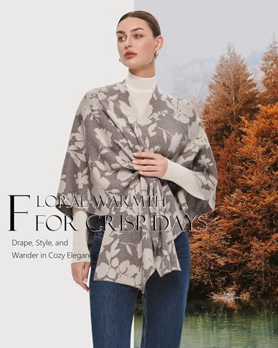 PULI Women's Elegant Shawl Wraps Soft Open Front Poncho Sweater for Spring Fall Winter - color: Floral-oatmeal and Barley Twist