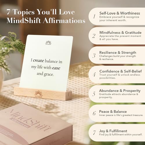 Positive Affirmation Cards with Wooden Display Stand, 88 Mindful Quotes for Daily Reflection, 720 GSM Inspirational Cardstock, Personal Growth & Office, Home Decor Gift for Men & Women