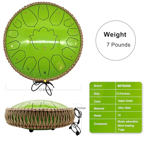 BETESINE 13-Inch 15-Note Steel Tongue Drum in C Major, Beginner-Friendly Meditation Drum with Mallets, Music Book, Finger Picks, Carry Bag & Note Stickers, Apple Green - color: Apple Green