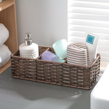 myHomeBody Wicker Basket With 3 Compartments, For Toilet Tank Paper Rolls, Hand Woven Bathroom Countertop Organizer, Bedroom Organization, 1pc, Dark Walnut - color: Dark Walnut