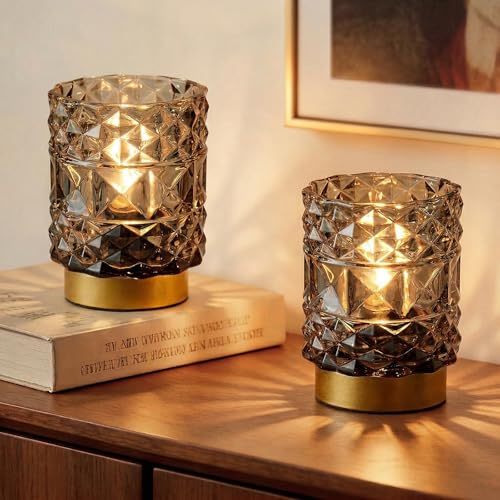 Battery Operated Lamp with Timer, Cordless Table Lamps for Shelf Decor, Rhombus Texture Aesthetic Crystal Lamp, Small Decorative Lamps for Bedroom/Bathroom/Kitchen/Entryway/Dorm (2 Pack Grey) - color: Gray, size: 2 pack