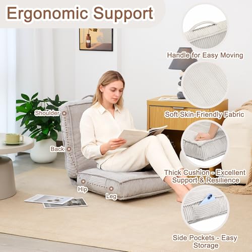 Adjustable Floor Chair with Back Support, 6-Position, Folding Japanese Meditation Tatami Chair, Comfy Gaming Chairs for Adults, Accent Reading Chairs, Living Room, Bedroom, Light Grey - color: Light Grey