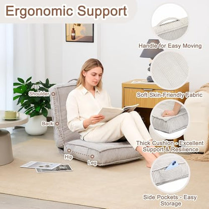 Adjustable Floor Chair with Back Support, 6-Position, Folding Japanese Meditation Tatami Chair, Comfy Gaming Chairs for Adults, Accent Reading Chairs, Living Room, Bedroom, Light Grey - color: Light Grey