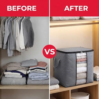 3-Pack Heavy-Duty Storage Bags with Zipper | Waterproof Moving & Travel Storage Organizers | Foldable Reinforced Handles for Clothes, Bedding,Blankets | Space-Saving,Vertical Style,Grey