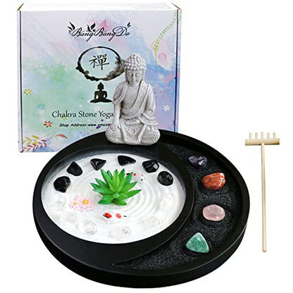 Meditation Buddha Zen Garden Accessories Japanese Desktop Rock Garden with Healing Crystal Stones Shine Altar Sand Tray Therapy Kit Decor Office Home Stress Relief Spiritual Decor Zen Healing Gifts