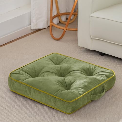 HIGOGOGO Large Floor Pillow Cushion for Adults, Meditation Cushion Pillow with Handle, Lustrous Chenille Tufted, Square Floor Sitting for Tatami Living Room or Yoga, 22x22 Inch, Green