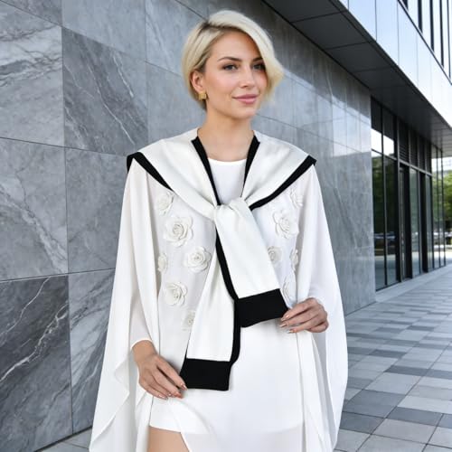 Sweater Shawl Wraps for Women Fashion Knitted Shoulder Shawls Ponchos Travel Casual Sweaters Scarf Cape Wraps - color: 01 White/Black Edge