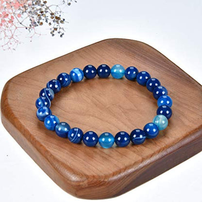 Cherry Tree Collection Gemstone Beaded Stretch Bracelet 8mm Round Beads 7" - color: Lace Agate - Blue