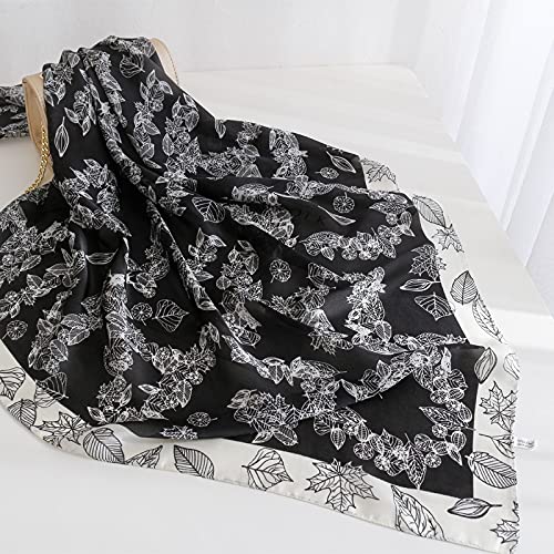 ANDANTINO 100% Pure Mulberry Silk Scarf 35" Large Square Lightweight Headscarf –Women’s Hair Wraps-With Gift Packed - color: Black Leaves