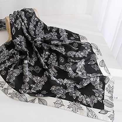 ANDANTINO 100% Pure Mulberry Silk Scarf 35" Large Square Lightweight Headscarf –Women’s Hair Wraps-With Gift Packed - color: Black Leaves