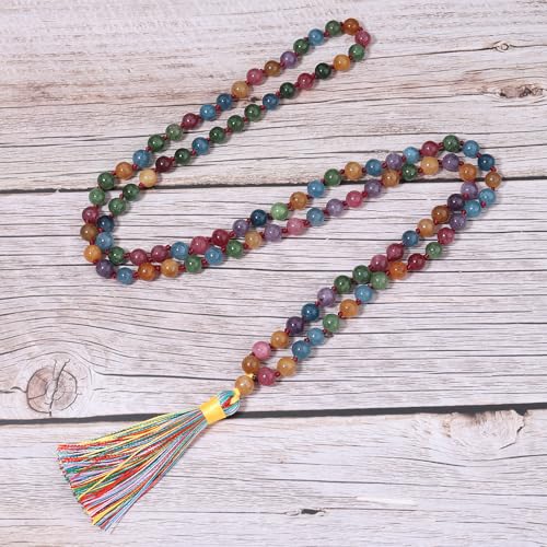 8MM Beads Chakra Long Mala Necklace Natural Stone Meditation Statement Necklace Japa Yoga Buddhist Rosary Prayer Charm Beaded Tassel Necklace - color: Tourmaline