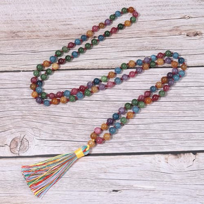 8MM Beads Chakra Long Mala Necklace Natural Stone Meditation Statement Necklace Japa Yoga Buddhist Rosary Prayer Charm Beaded Tassel Necklace - color: Tourmaline