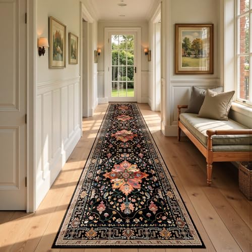 RELEANY Area Rugs Runner 2'6"x10' Washable Non-Slip, Floral Vintage Distress Medallion Carpet for Kitchen Hallway Bedroom Beside Laundry Room Bathroom, Black Colorful Floral Dark Tan - color: Black/Colorful, size: 2'6" X 10' (Runner)