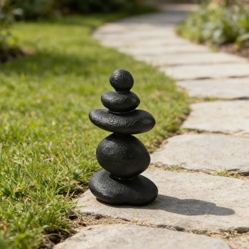 Stacked Stone Sculpture - Mini Zen Rocks for Garden Patio Japanese Themed Decor - Resin 5-Stone Meditation Rock Cairn Ornament