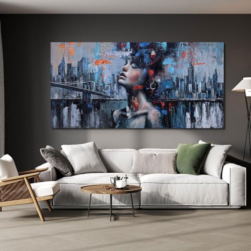 Navy Blue Abstract Wall Art Woman Picture for Living Room Modern Home Bedroom Decoration New York City Framed Cityscape Artwork Decor 29x58IN - color: Navy Blue, size: 29"L x 58"W