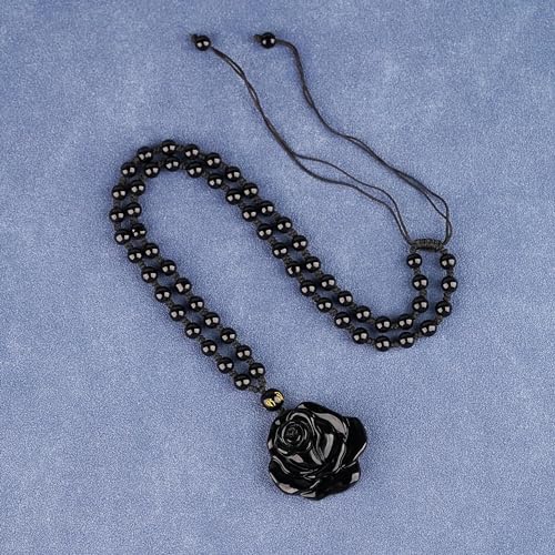 Black Obsidian Necklace Natural Crystal Amulet Protection Pendant with Adjustable Rope Lucky Talisman Necklaces Jewelry Gift for Men Women - color: Rose Beaded Rope