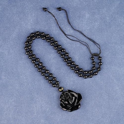 Black Obsidian Necklace Natural Crystal Amulet Protection Pendant with Adjustable Rope Lucky Talisman Necklaces Jewelry Gift for Men Women - color: Rose Beaded Rope