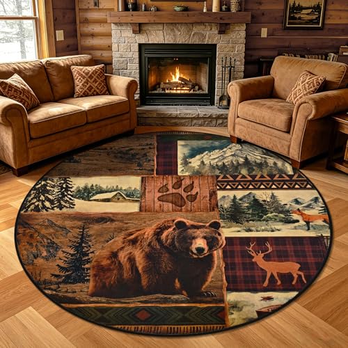 ASPMIZ 4ft Round Rustic Area Rug Non-Slip Washable — Buffalo Plaid Log Cabin Bear Deer Fox Design, Vintage Soft Faux Wool Circular Carpet Rugs for Living Room Nursery Under Table - color: Brown, size: 4' X 4' (Round)